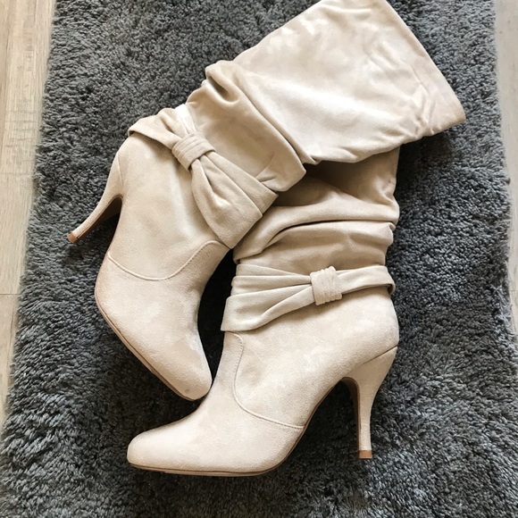 Charlotte Russe Shoes - Ivory suede ruched boots